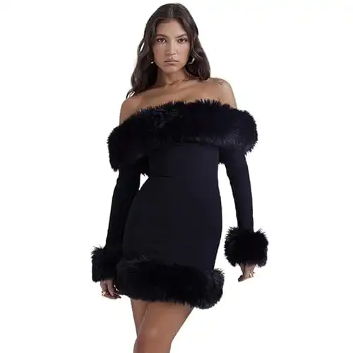 Fur Collar One Shoulder Long Sleeve Dress