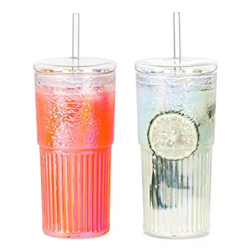 Rainbow Glass Cups With Lids and Straws 20 OZ