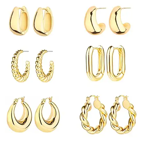 6 Pairs Gold Lightweight Chunky Hoop Earrings