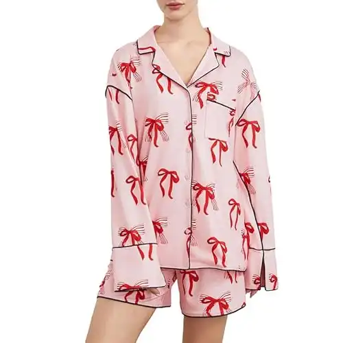 Bow Pajamas Long Sleeve Button Down Shirt+Shorts Set