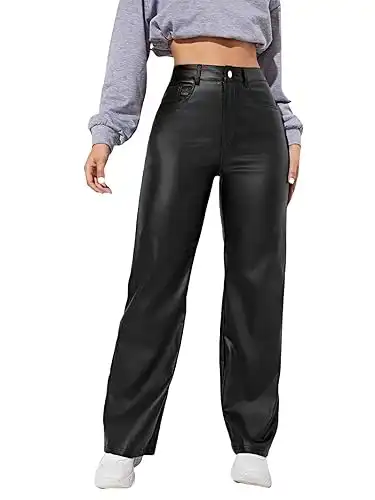 High Waist Pockets Straight Leather Pants