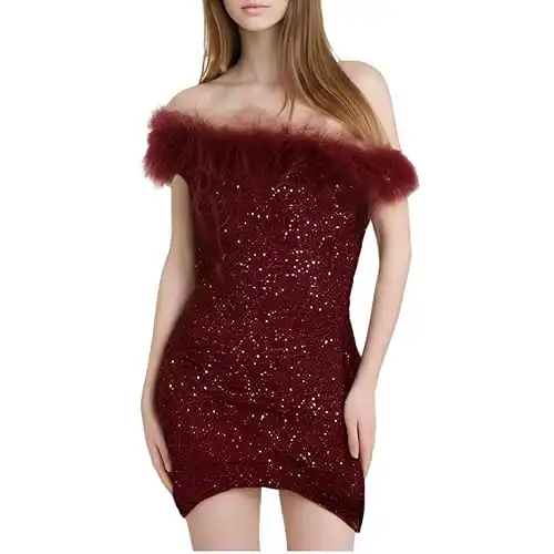 Sequin Faux Fur Off Shoulder Mini Bodycon Dress