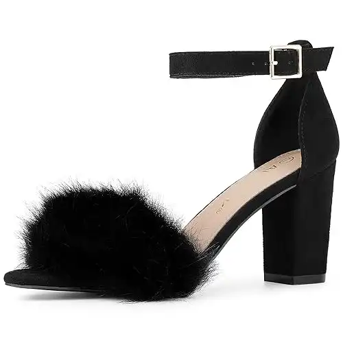 Faux Fur Ankle Strap Heeled Sandals