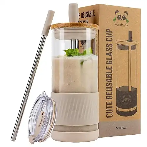 Glass Cups With Bamboo Lids and Straws -20 Fl Oz